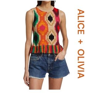 ALICE + OLIVIA Reva Print Fringe Peplum Tank Top, Size S.